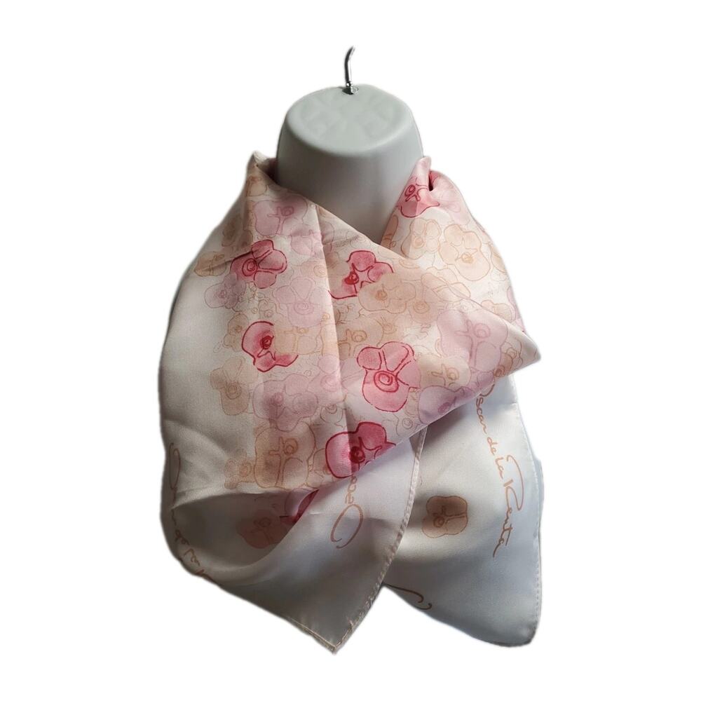 Vintage Oscar De La Renta Pink Red Biege 100% Silk Scarf